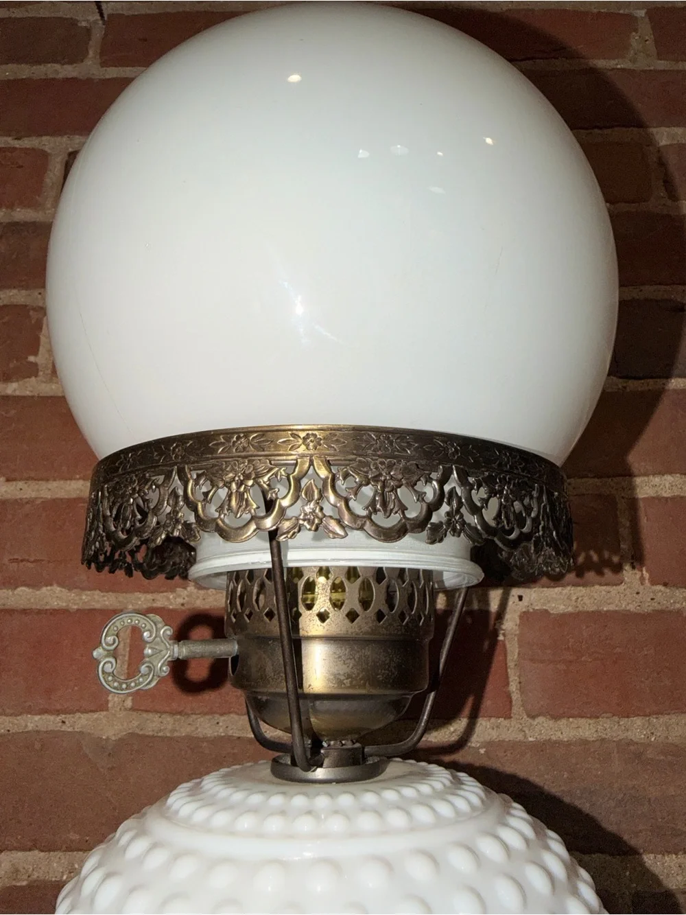 White Hobnail Milk Glass Table Lamp with Brass Accents